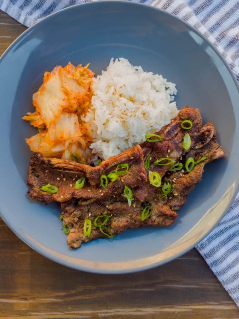 korean galbi with rice and kimchi