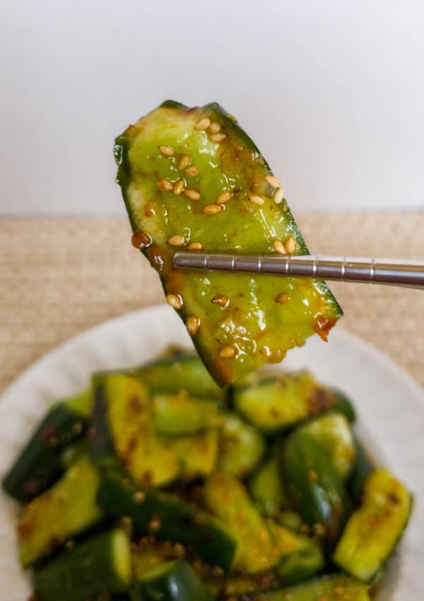 close up of smashed cucumber salad