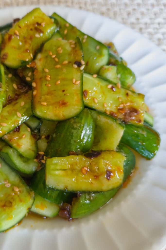 close up smash cucumber salad