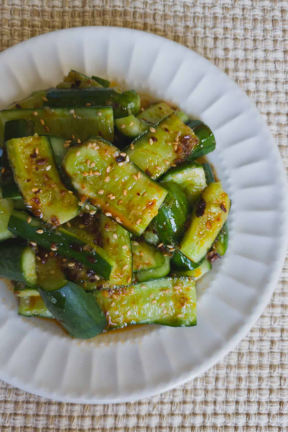 smashed cucumber salad on a plate